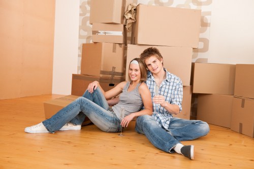 Stacked cardboard packing boxes used for moving and storage in the UK