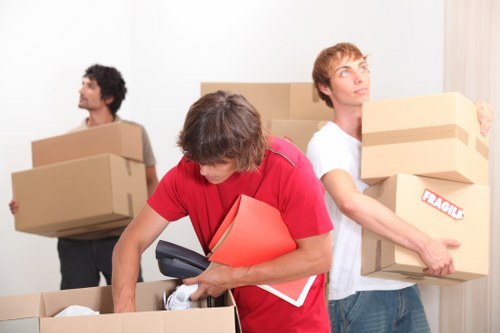 Household moving team loading boxes for removal services in UK